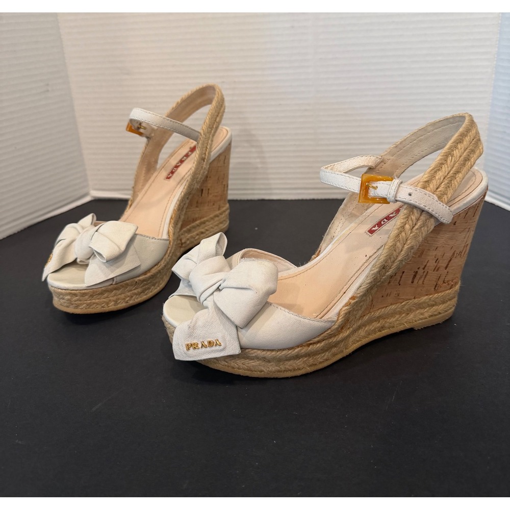 Prada Cream Leather Bow Slingback Platform Espadrille Wedge Sandals Sz 6